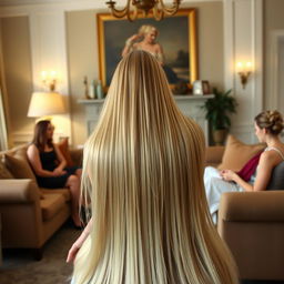 A woman with extremely long, silky, and flowing hair sitting on a separate sofa, surrounded by guests with their hair tied up, all sitting on another sofa