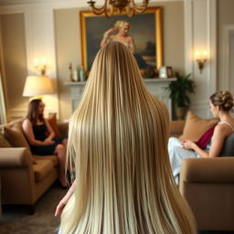 A woman with extremely long, silky, and flowing hair sitting on a separate sofa, surrounded by guests with their hair tied up, all sitting on another sofa