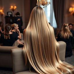 A woman with extremely long, silky, and flowing hair sitting on a separate sofa, surrounded by guests with their hair tied up, all sitting on another sofa