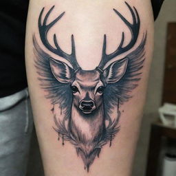 A unique tattoo design that combines a deer with an edgy, devilish twist and ethereal wings, exuding a sense of mystic charm and rebellion.