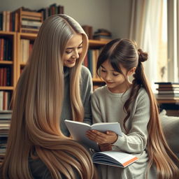 A scene depicting a mother with extremely long and silky smooth hair that flows down gracefully, while her daughter is sitting beside her with her hair neatly tied up