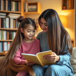 A scene depicting a mother with extremely long and silky smooth hair that flows down gracefully, while her daughter is sitting beside her with her hair neatly tied up