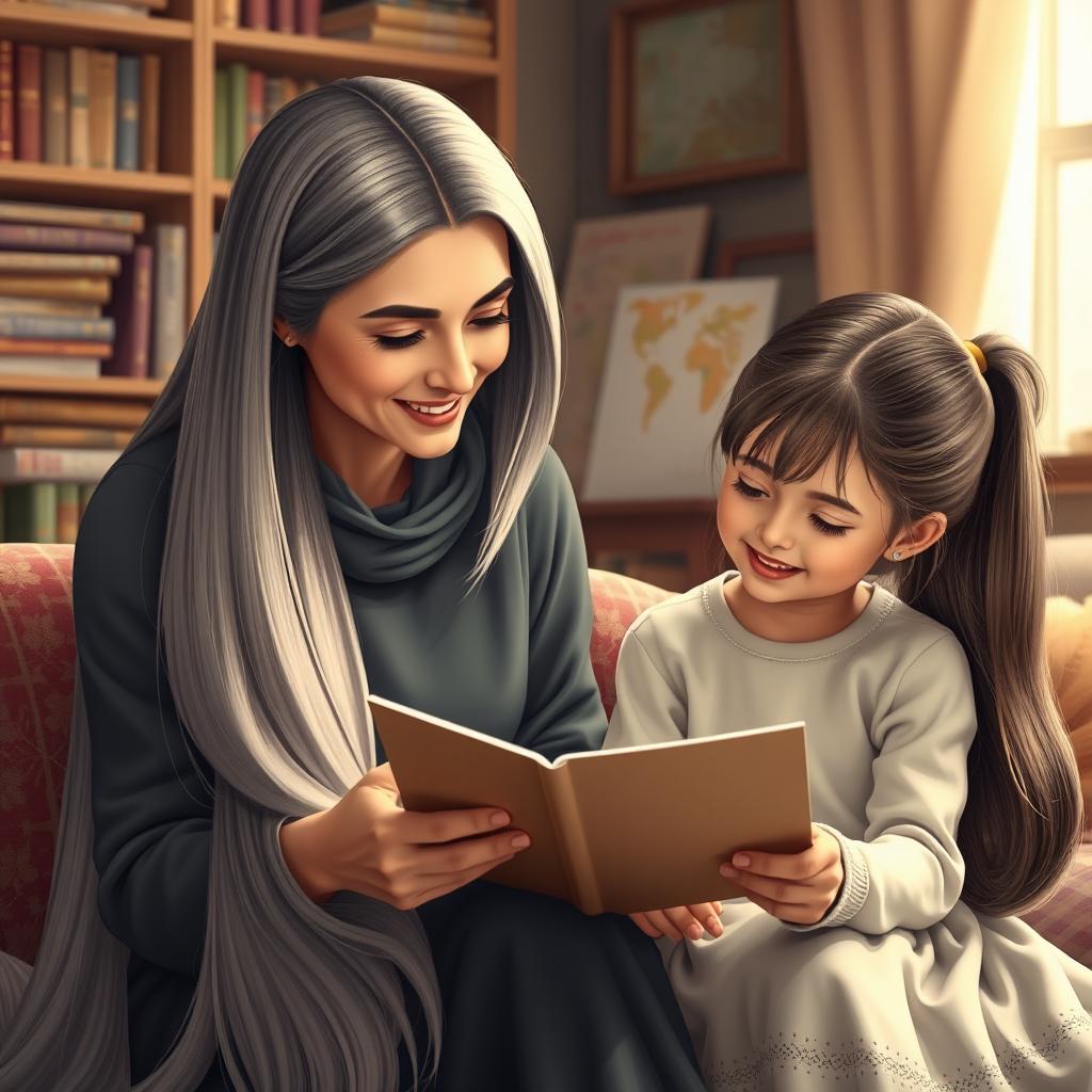 A scene depicting a mother with extremely long and silky smooth hair that flows down gracefully, while her daughter is sitting beside her with her hair neatly tied up