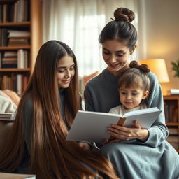 A scene depicting a mother with extremely long and silky smooth hair that flows down gracefully, while her daughter is sitting beside her with her hair neatly tied up