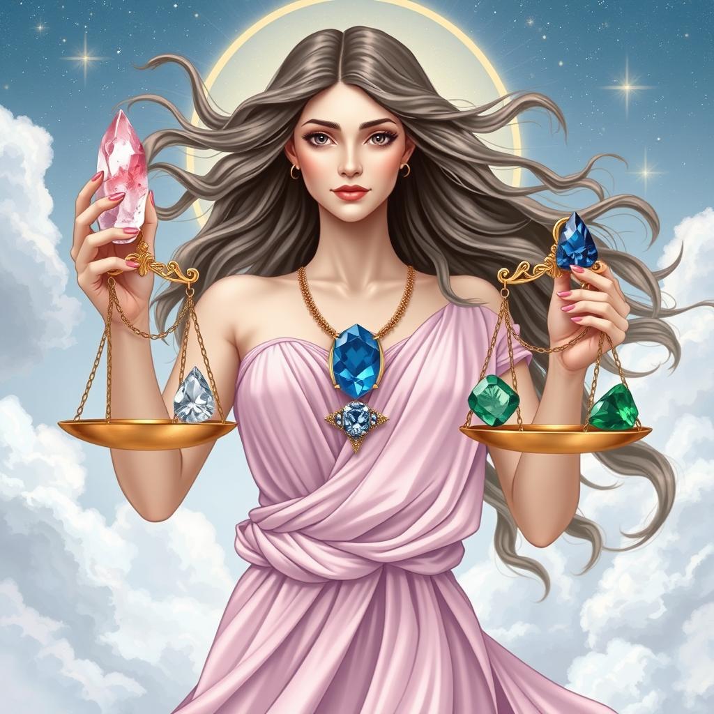 A graceful Libra Goddess holding Rose Quartz, Sodalite, Lapis Lazuli, and Green Aventurine, with each gemstone radiating balanced and harmonious energy