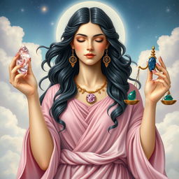 A graceful Libra Goddess holding Rose Quartz, Sodalite, Lapis Lazuli, and Green Aventurine, with each gemstone radiating balanced and harmonious energy