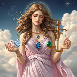 A graceful Libra Goddess holding Rose Quartz, Sodalite, Lapis Lazuli, and Green Aventurine, with each gemstone radiating balanced and harmonious energy