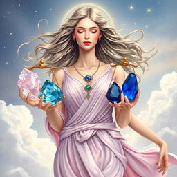 A graceful Libra Goddess holding Rose Quartz, Sodalite, Lapis Lazuli, and Green Aventurine, with each gemstone radiating balanced and harmonious energy