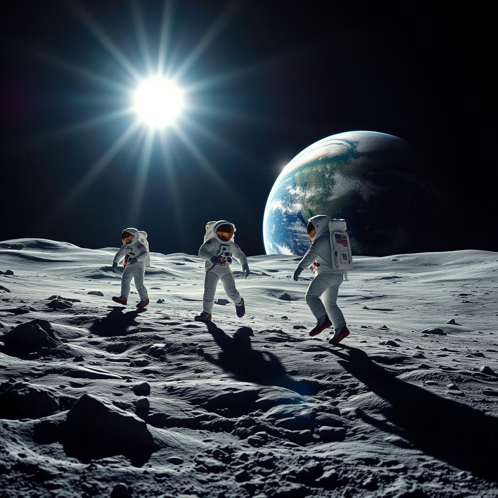 Astronauts stepping onto the moon under the bright sunlight, with a stunning view of Earth in the background