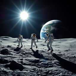 Astronauts stepping onto the moon under the bright sunlight, with a stunning view of Earth in the background