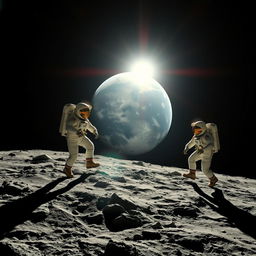 Astronauts stepping onto the moon under the bright sunlight, with a stunning view of Earth in the background