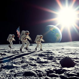 Astronauts stepping onto the moon under the bright sunlight, with a stunning view of Earth in the background