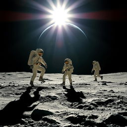 Astronauts stepping onto the moon under the bright sunlight, with a stunning view of Earth in the background