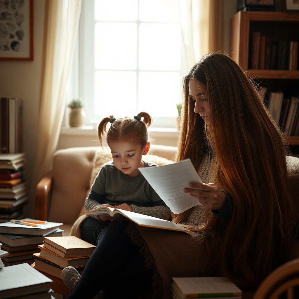 A mother with extremely long, silky, flowing hair sits with her daughter, whose hair is tied in a ponytail