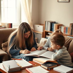 A mother with extremely long, silky, flowing hair sits with her daughter, whose hair is tied in a ponytail