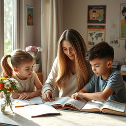 A beautiful mother with extremely long, silky hair cascading down her back sits at a table, helping her daughter and son with their studies