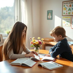 A beautiful mother with extremely long, silky hair cascading down her back sits at a table, helping her daughter and son with their studies