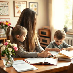 A beautiful mother with extremely long, silky hair cascading down her back sits at a table, helping her daughter and son with their studies