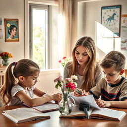 A beautiful mother with extremely long, silky hair cascading down her back sits at a table, helping her daughter and son with their studies