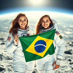 Two young women with brown hair, smiling and wearing astronaut suits, standing on the moon holding the Brazilian flag