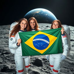 Two young women with brown hair, smiling and wearing astronaut suits, standing on the moon holding the Brazilian flag