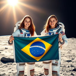 Two young women with brown hair, smiling and wearing astronaut suits, standing on the moon holding the Brazilian flag