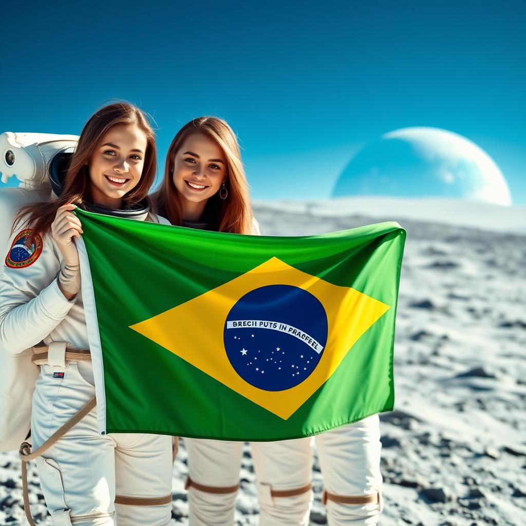 Two young women with brown hair, smiling and wearing astronaut suits, standing on the moon holding the Brazilian flag