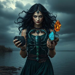 A mysterious and powerful Scorpio Goddess holding Black Obsidian, Malachite, Labradorite, and Citrine, each gemstone exuding an intense and transformative energy