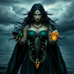 A mysterious and powerful Scorpio Goddess holding Black Obsidian, Malachite, Labradorite, and Citrine, each gemstone exuding an intense and transformative energy