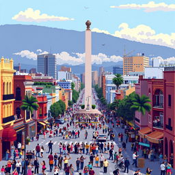 A pixel art representation of the city of Buenos Aires, capturing iconic elements like the Obelisco, colorful buildings of La Boca, and bustling city streets filled with people