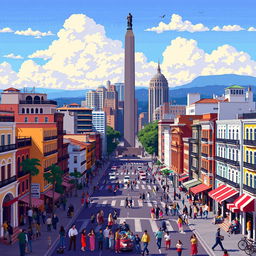 A pixel art representation of the city of Buenos Aires, capturing iconic elements like the Obelisco, colorful buildings of La Boca, and bustling city streets filled with people