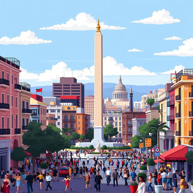 A pixel art representation of the city of Buenos Aires, capturing iconic elements like the Obelisco, colorful buildings of La Boca, and bustling city streets filled with people