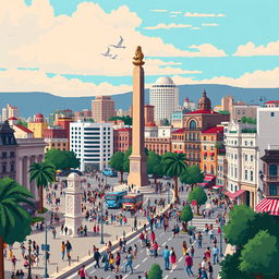 A pixel art representation of the city of Buenos Aires, capturing iconic elements like the Obelisco, colorful buildings of La Boca, and bustling city streets filled with people