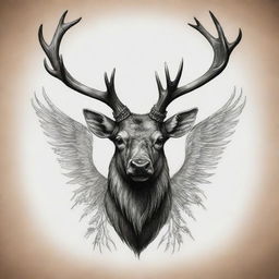 A daring tattoo design featuring an elk with a devilish twist and broad wings, creating an intriguing mix of the wilderness and the fantasy realm.