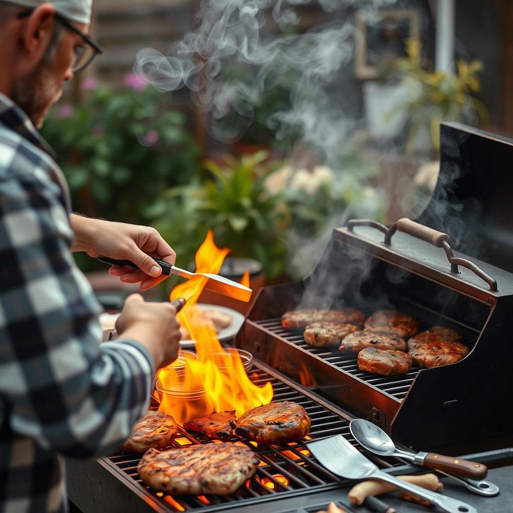 A person skillfully lighting a barbecue grill, demonstrating control over the flames to maintain the perfect temperature for different types of meat