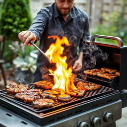 A person skillfully lighting a barbecue grill, demonstrating control over the flames to maintain the perfect temperature for different types of meat