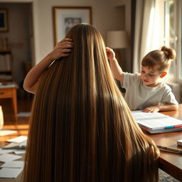 A mother with extremely long and silky hair cascading down, reviewing an exam with her daughter who has her hair tied up in a ponytail