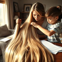 A mother with extremely long and silky hair cascading down, reviewing an exam with her daughter who has her hair tied up in a ponytail