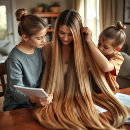 A mother with extremely long and silky hair cascading down, reviewing an exam with her daughter who has her hair tied up in a ponytail