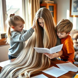 A mother with extremely long and silky hair cascading down, reviewing an exam with her daughter who has her hair tied up in a ponytail