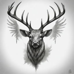 A daring tattoo design featuring an elk with a devilish twist and broad wings, creating an intriguing mix of the wilderness and the fantasy realm.