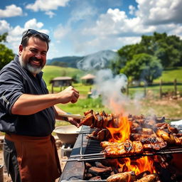 A skilled churrasqueiro expertly grilling a variety of high-quality meats over an open fire, surrounded by vibrant greenery and rustic countryside setting