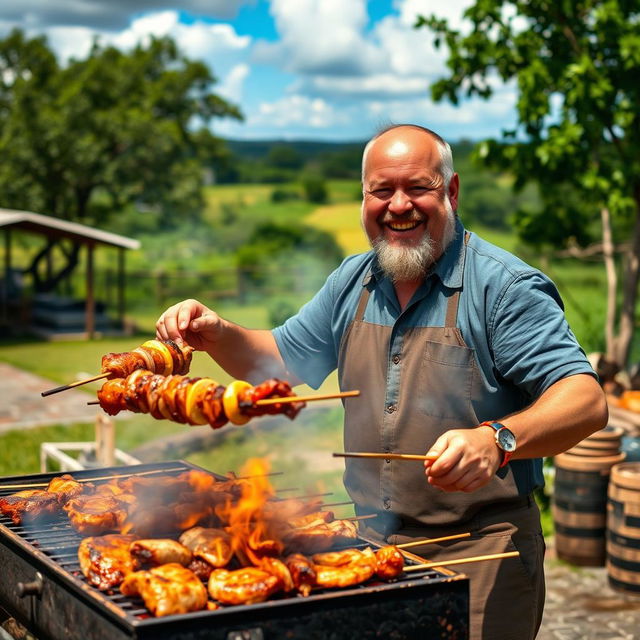 A skilled churrasqueiro expertly grilling a variety of high-quality meats over an open fire, surrounded by vibrant greenery and rustic countryside setting