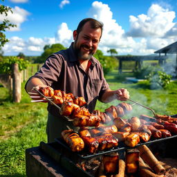 A skilled churrasqueiro expertly grilling a variety of high-quality meats over an open fire, surrounded by vibrant greenery and rustic countryside setting