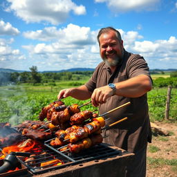 A skilled churrasqueiro expertly grilling a variety of high-quality meats over an open fire, surrounded by vibrant greenery and rustic countryside setting