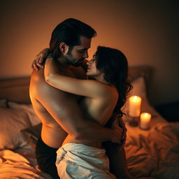 A sensual and intimate scene between a man and a woman embracing each other passionately under soft, warm lighting