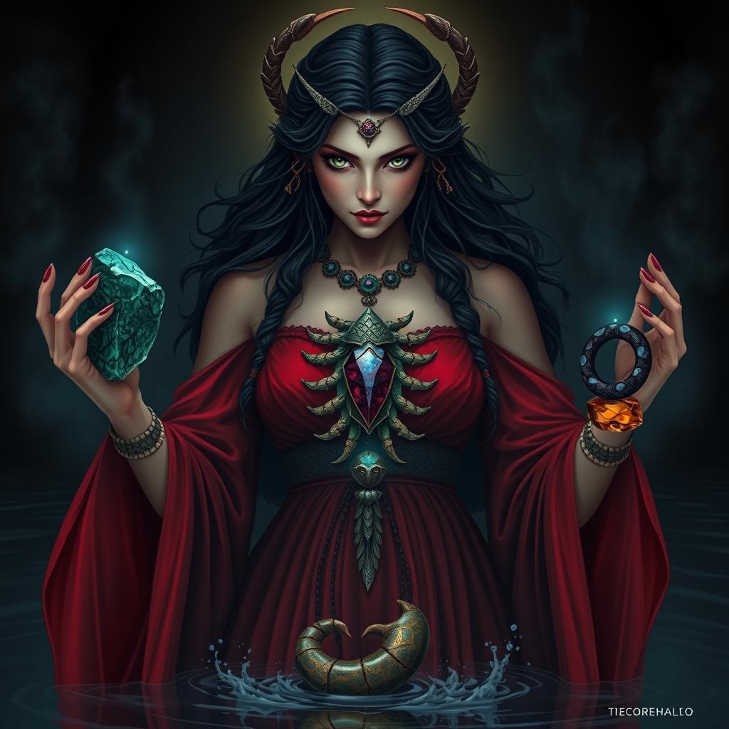 A mysterious Scorpio Goddess holding Malachite, Labradorite, Citrine, and Black Obsidian, each gemstone glowing with intense and transformative energy