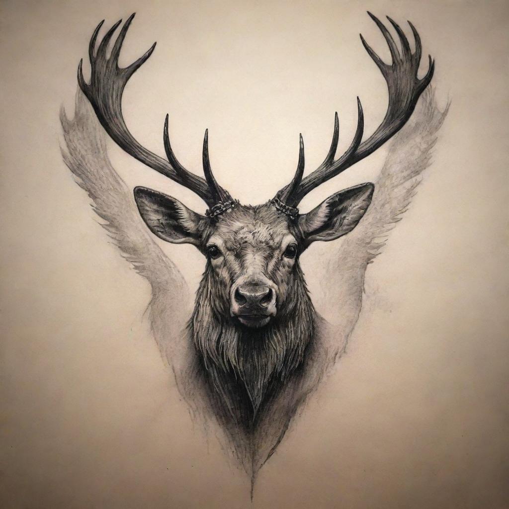 A daring tattoo design featuring an elk with a devilish twist and broad wings, creating an intriguing mix of the wilderness and the fantasy realm.