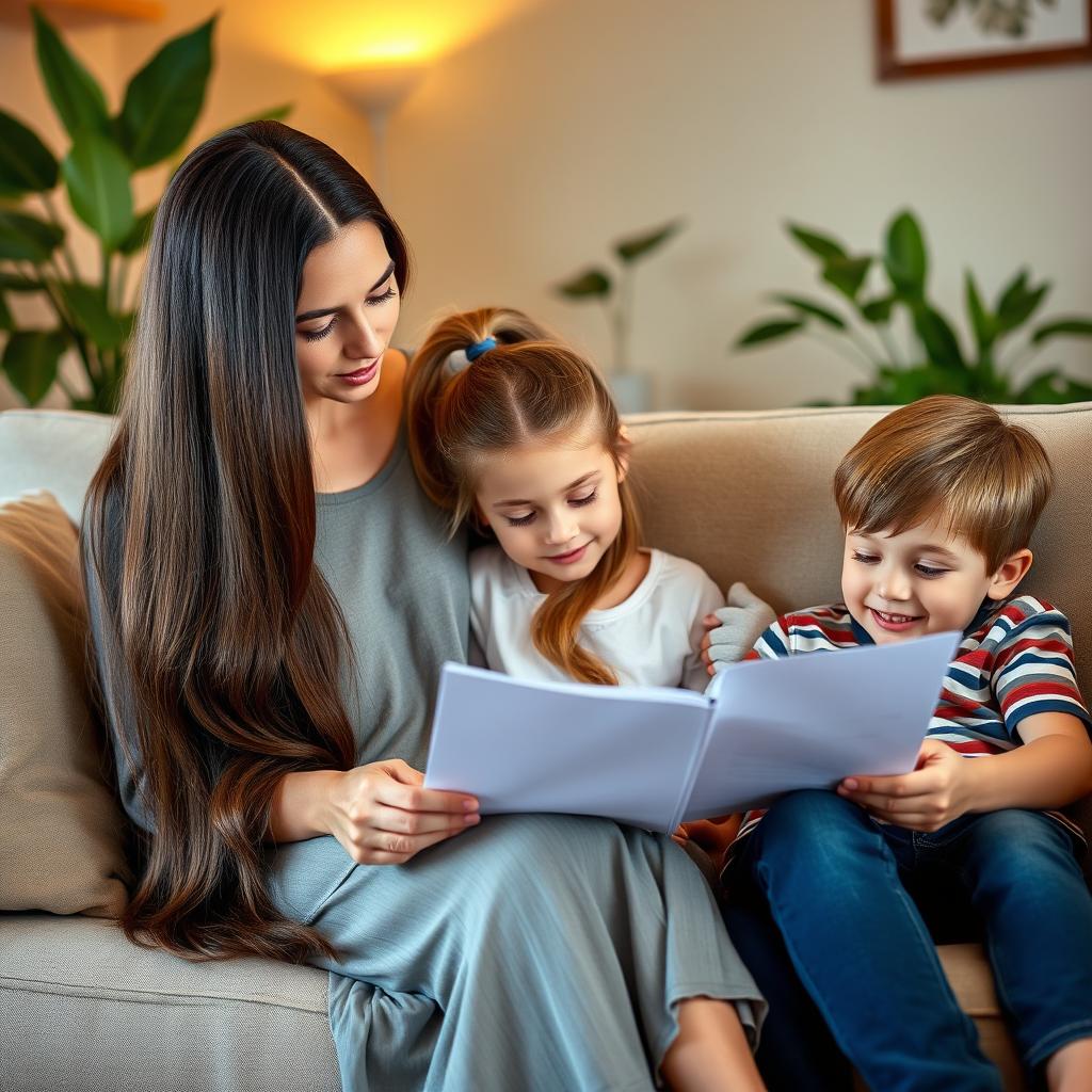 A mother with extremely long and silky smooth hair, wearing a comfortable dress, sitting on a sofa with her daughter and son