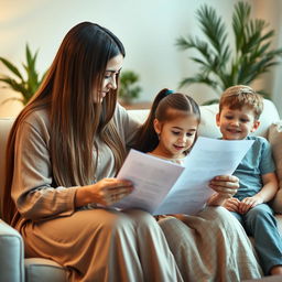 A mother with extremely long and silky smooth hair, wearing a comfortable dress, sitting on a sofa with her daughter and son